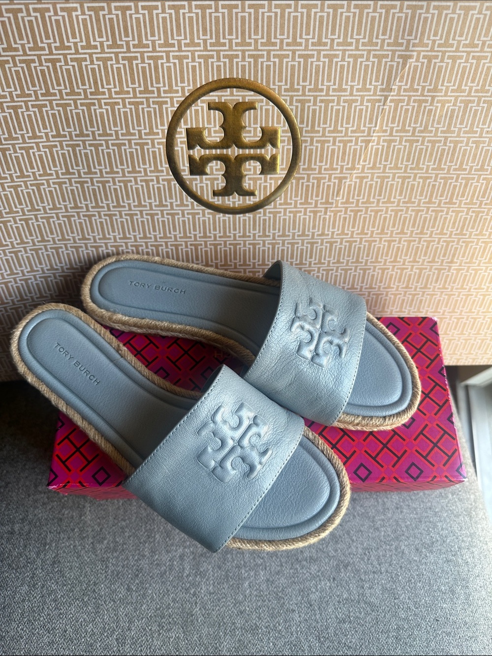 Tory Burch Pale Blue Leather Espadrille Slide Sandals